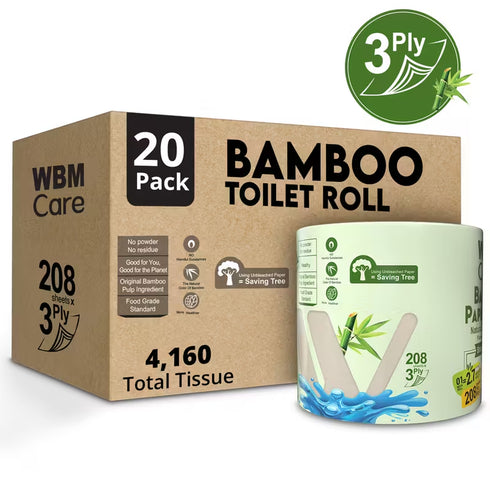 WBM Care Natural Bamboo Toilet Paper, 3-Ply Bath Tissue for Sensitive Skin, Food Grade Standard, 157 Sheets per Roll, Pack of 20 Rolls for a Total 3,140 Sheets