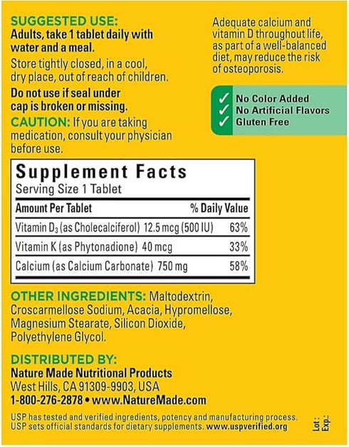 Nature Made Calcium 750mg with Vitamin D3 and K, Tablets, 300 ct