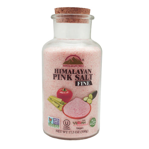Himalayan Chef Fine Pink Salt in Cork Stopper Jar, 17.5 oz Glass Jar of Fine Grain Salt